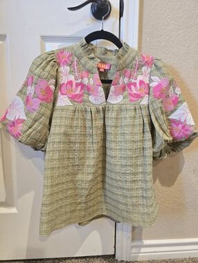 THML Women's Floral Puff Sleeve Green And Pink Embroidered XS